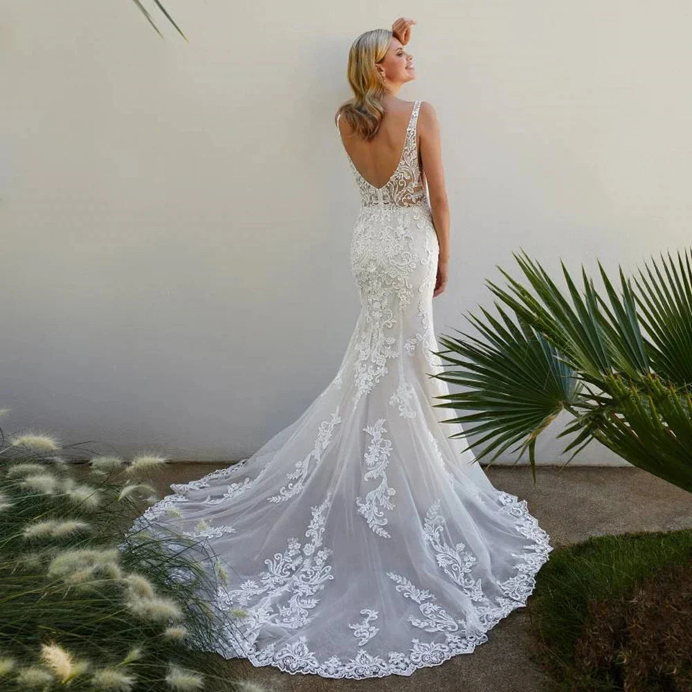 Fashion mermaid wedding dress 2026 wide straps deep V-neck backless lace tulle boho beach bridal gown