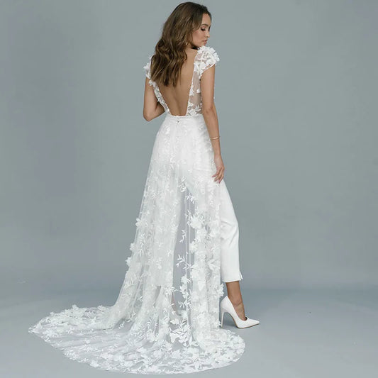 Sexy O-neck Jumpsuit Wedding Pant Suits For Brides Wedding Jumpsuits Women Elegant Formal Dress Simple Wedding dress Customized