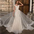 Wedding dress cap sleeve sheath tulle boho button lace appliques illusion train bridal gown