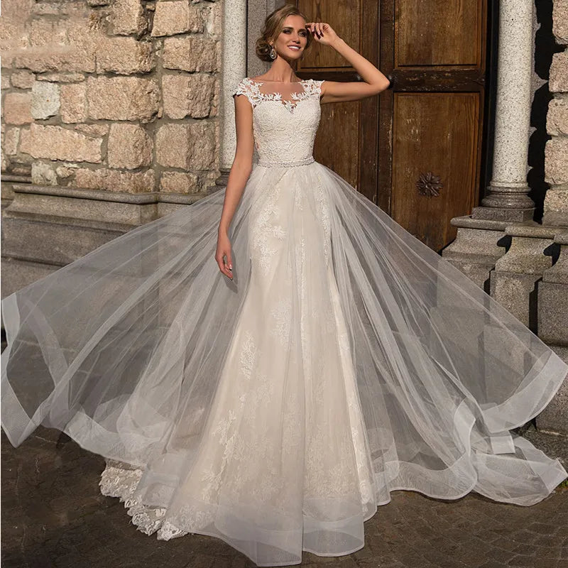 Wedding dress cap sleeve sheath tulle boho button lace appliques illusion train bridal gown