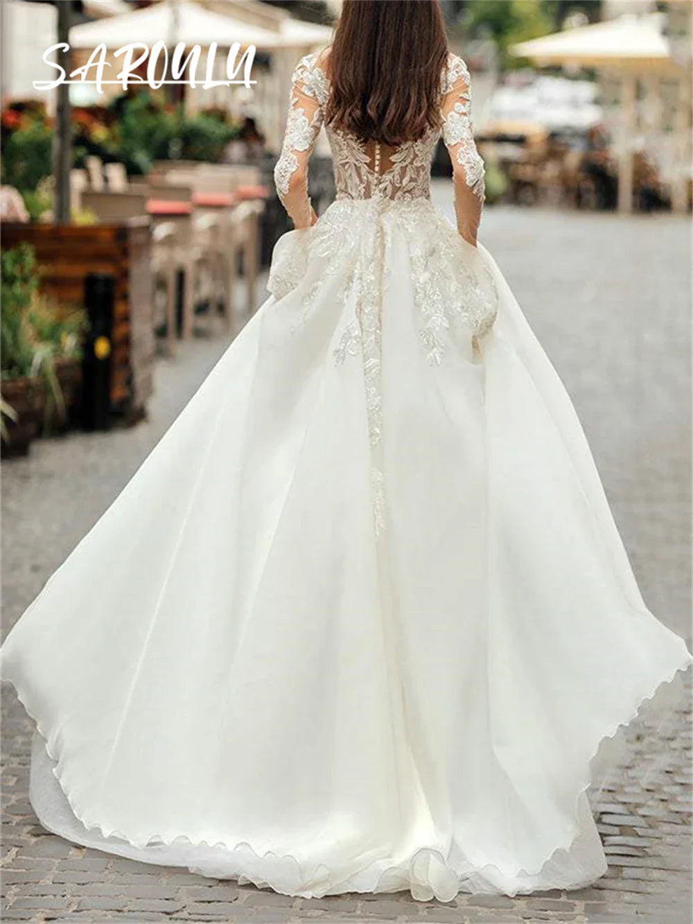 White Tulle Wedding Dress Long Sleeves With Lace Appliques Sheer Neckline Button Closure Bridal Gown Custom Made Bride Dresses