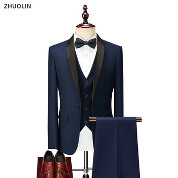 High Quality Men For Wedding Suit 3 Pieces Set  Elegant Blazers Shawl Collar Luxury Jacket Pants Vest Formal Coat Skinny Dress