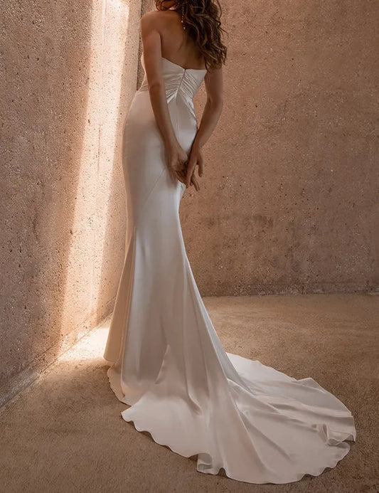 Customized White Satin Mermaid Bridal Gowns For Women Sweep Train Wedding Gowns Sweetheart Bride Dresses 2024 Elegant Pleats