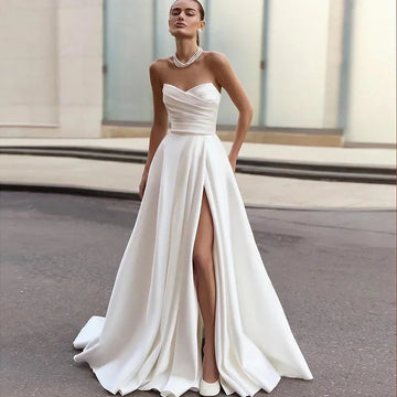 Satin Wedding Dresses for Strapless Prom Dresses Long Ruched Ball Gown with Slit Bride Gown Vestidos De Novia Customized
