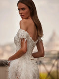 Classic lace graceful off-shoulder luxury feathers pearls bride wedding dress bridal gown back view