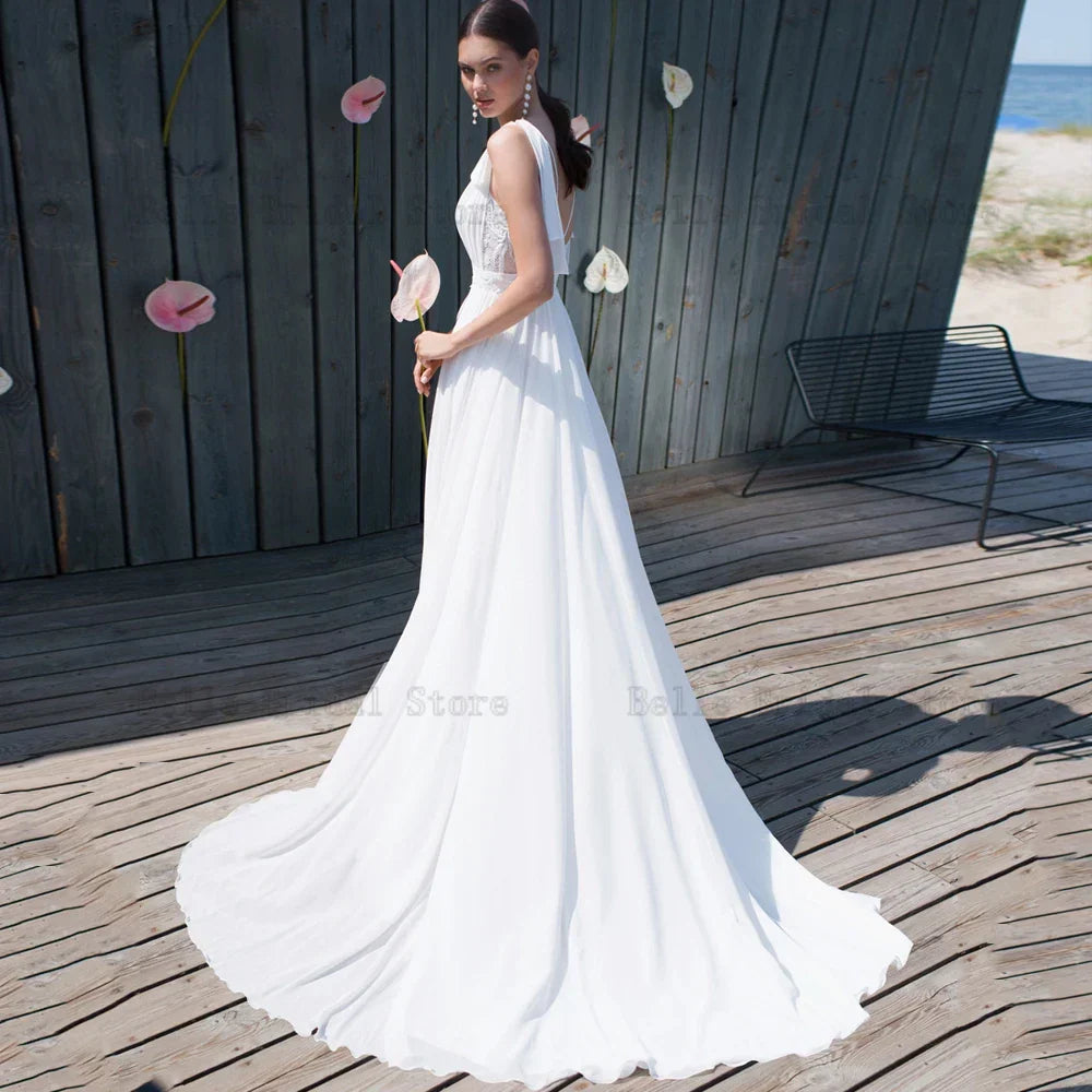 Elegant White Chiffon Wedding Dresses V Neck Sleeveless Bridal Gowns Lace Bow Backless Sweep Train A-Lin Vestidos De Novia