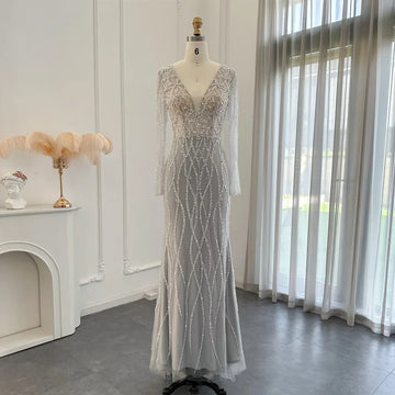 Sharon Said Silver Long Sleeve Mermaid Evening Dress Luxury Beading Long Blush Pink Prom Party Dresses for Women Wedding SS223