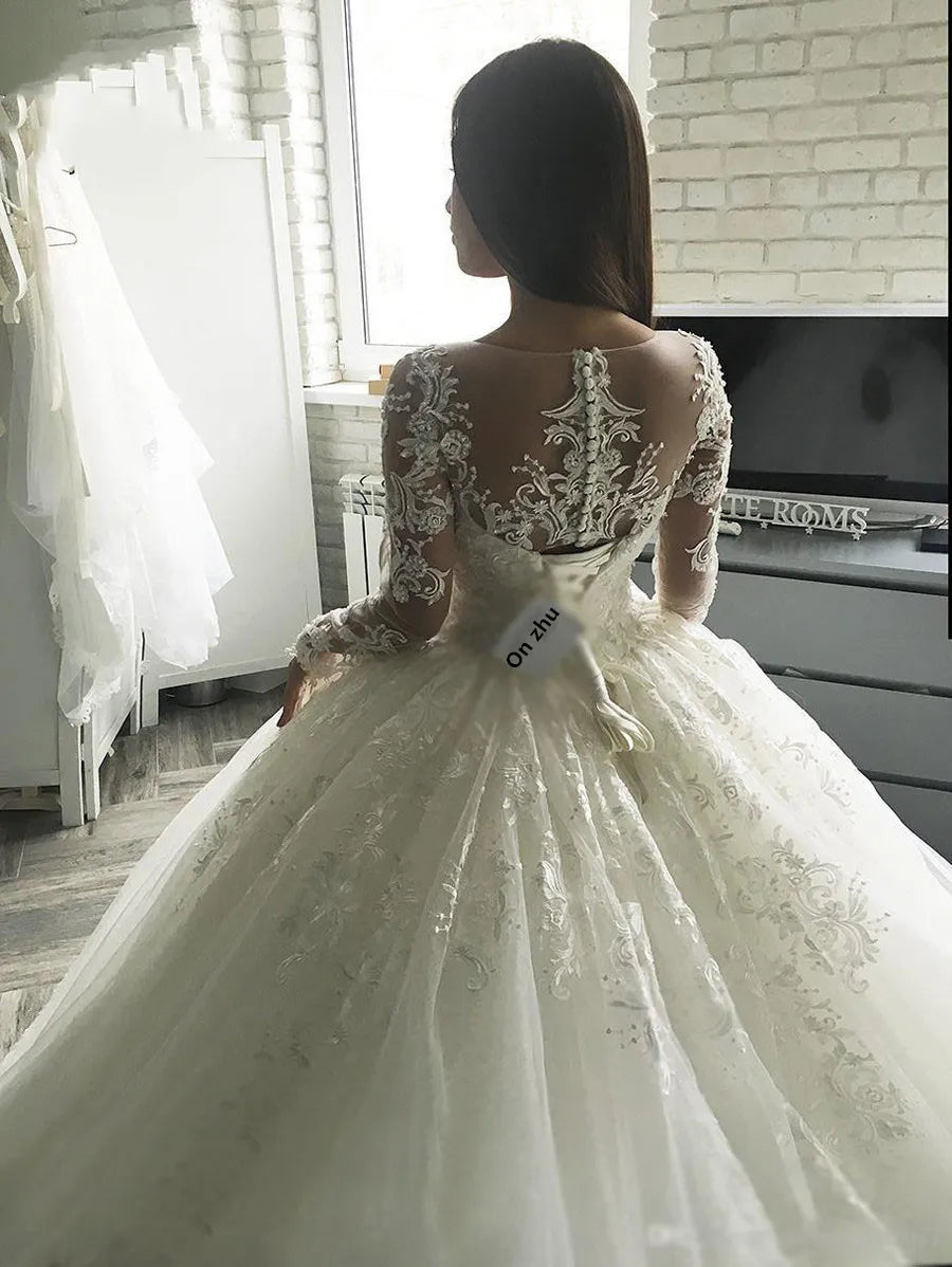 Customized  Long Sleeves Ball Gown Wedding Dresses Applique Elegant Woman Bridal Gown Celebrity vestido De Noiva robe de mariee