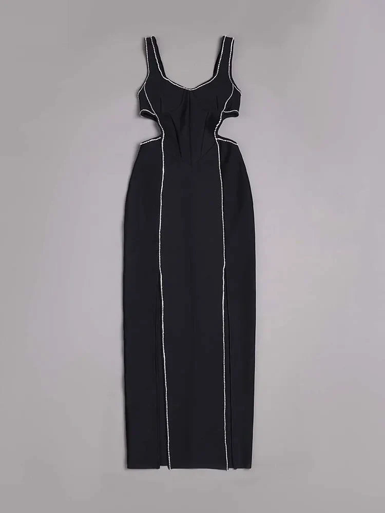 Crystal diamond sleeveless V-neck hollow sexy long bodycon split bandage celebrity party club dress side view