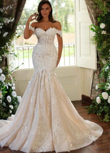 Design Romantic Sweetheat Lace Up 3D Flowers Mermaid Wedding Dress Sexy Off-Shoulder Appliques Beading Trumpet Bridal Gown