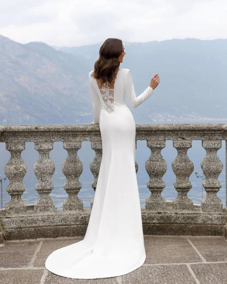 Boho Luxury Woman's Wedding Dresses Mermaid Sexy Muslim V Neck Side Split Applique Long Sleeve Satin Formal Elegant Bride Gowns