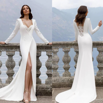 Boho Luxury Woman's Wedding Dresses Mermaid Sexy Muslim V Neck Side Split Applique Long Sleeve Satin Formal Elegant Bride Gowns