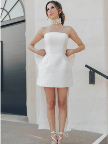 Elegant Short Wedding Dresses Strapless Bow Sleeveless Satin Open Back Pleat Bridal Gown Women Above Knee Vestidos De Noiva