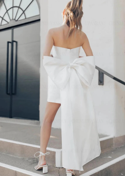 Elegant Short Wedding Dresses Strapless Bow Sleeveless Satin Open Back Pleat Bridal Gown Women Above Knee Vestidos De Noiva