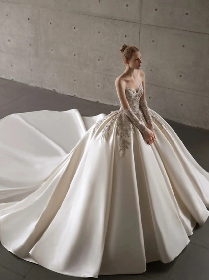 Wedding Dress Ball Gown Gorgeous Sweetheart Beaded Satin Bride Royal Train Fashion Princess B511 Vestido de Noiva