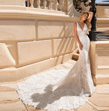 Sexy V Neck Lace Mermaid Wedding Dresses Sleeveless Illusion Top Backless Bridal Dress with Chapel Train