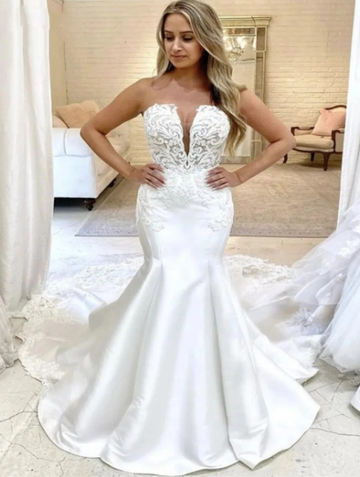 Sexy Satin Wedding Dresses Mermaid Strapless Lace Beaded Fashion Long Formal Bride Gowns Custom Made SD02B