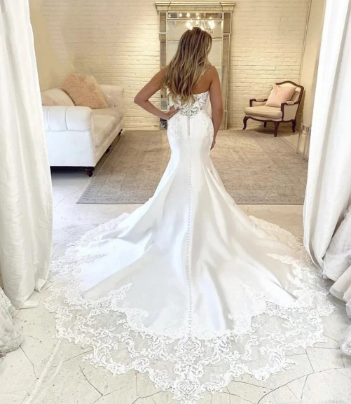 Sexy Satin Wedding Dresses Mermaid Strapless Lace Beaded Fashion Long Formal Bride Gowns Custom Made SD02B