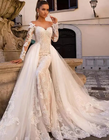Sexy Mermaid Wedding Dress  Sweetheart Long Sleeve Detachable Train 2 In 1 Lace Wedding Gowns Vestidos De Novia