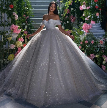 Glitter Tulle Wedding Dresses Off Shoulder Shiny Puffy Pleated Prom Bridal Gowns Sparkly Ball Pageant Bride Dress