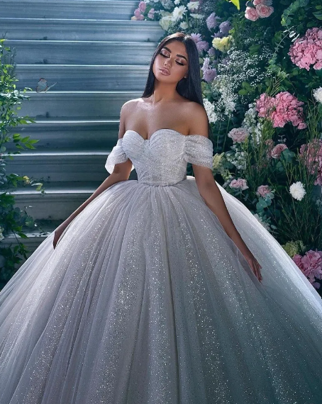 Glitter Tulle Wedding Dresses Off Shoulder Shiny Puffy Pleated Prom Bridal Gowns Sparkly Ball Pageant Bride Dress
