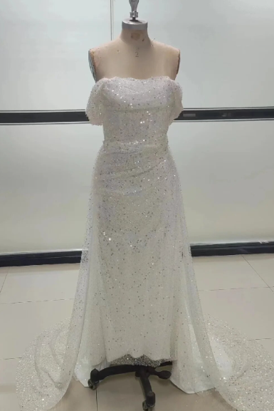 Sexy glitter bodycon mermaid off-shoulder sleeveless boho shiny train bride wedding dress bridal gown