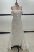 Off-shoulder sleeveless glitter bodycon mermaid boho shiny train sexy bride wedding dress bridal gown ivory