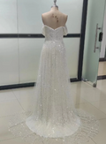Boho glitter mermaid sexy off-shoulder sleeveless shiny train bodycon bride wedding dress side view