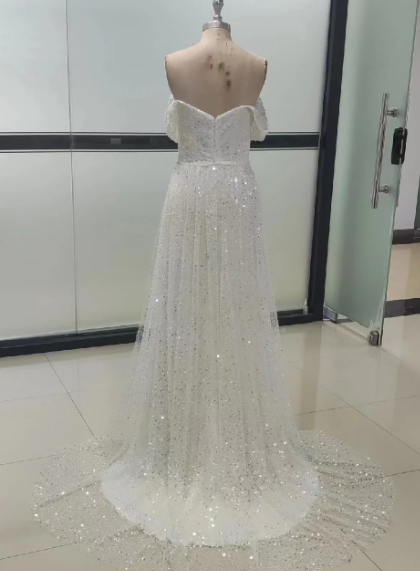 Boho glitter mermaid sexy off-shoulder sleeveless shiny train bodycon bride wedding dress side view