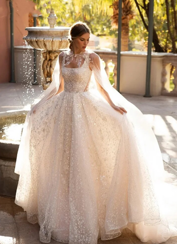A-Line Glitter Wedding Dresses Boat Neck Sleeveless Jacket Vestido De Novia Lace Beaded Glamorous Robe De Mariee