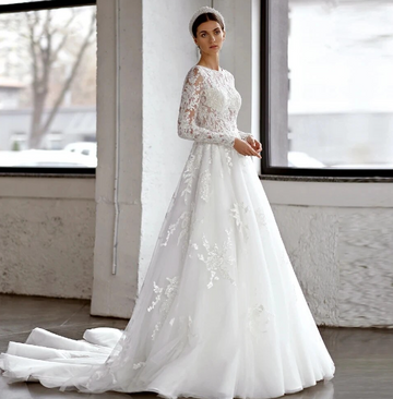 A-Line Vintage Wedding Dresses O-Neck Long Sleeve Vestido De Novia Lace Appliques Stunning Chic Robe De Mariee