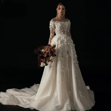 A-Line Elegant Wedding Dresses Boat Neck Long Sleeve Vestido De Novia Lace Appliques Flowers Romantic Robe De Mariee
