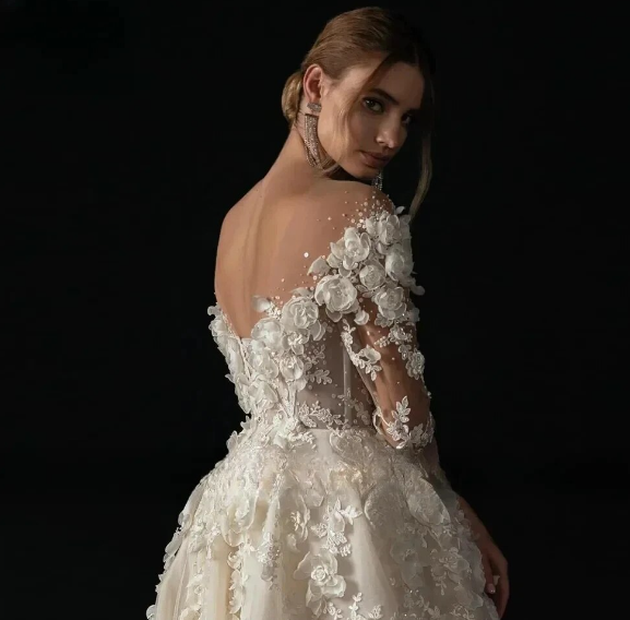 A-Line Elegant Wedding Dresses Boat Neck Long Sleeve Vestido De Novia Lace Appliques Flowers Romantic Robe De Mariee
