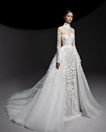 Princess A Line Wedding Dresses High Collar Long Sleeves Appliqued Lace Bridal Gowns Custom Made Sweep Train Robe De Mariee