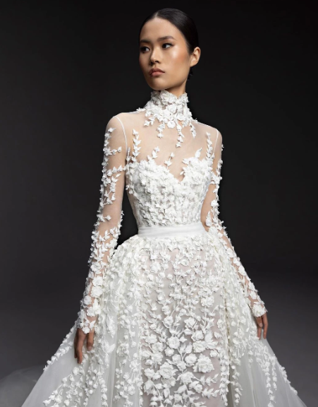 Princess A Line Wedding Dresses High Collar Long Sleeves Appliqued Lace Bridal Gowns Custom Made Sweep Train Robe De Mariee