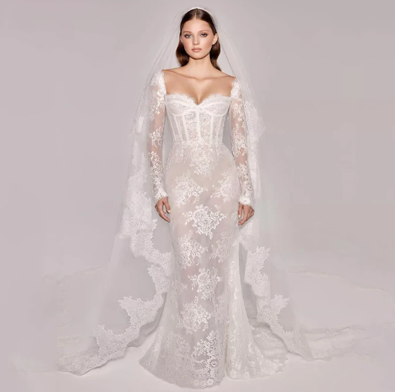 Sexy Sweetheart Neck Mermaid Applique Lace Long Sleeved Wedding Dresses Train Bridal Gowns Custom Robe De Mariée