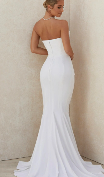 Stretchy satin mermaid long sleeveless lace-up back ivory wedding dress bridal gown side view