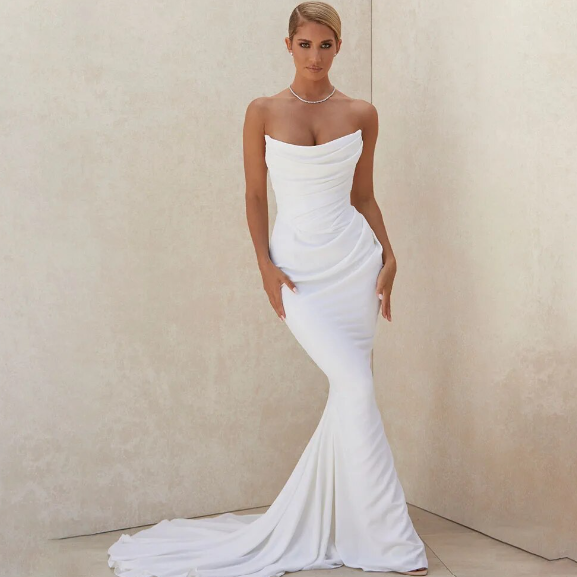 Long mermaid satin wedding dress stretchy sleeveless lace-up back ivory bridal gown