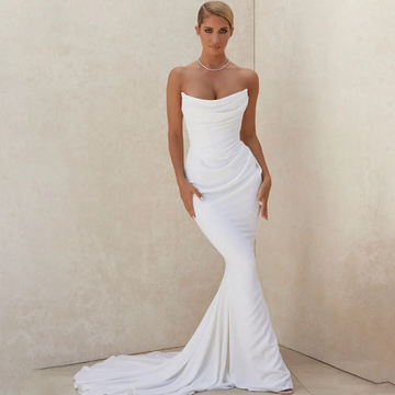 Long mermaid satin wedding dress stretchy sleeveless lace-up back ivory bridal gown