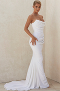 Lace-up back long satin mermaid stretchy sleeveless ivory wedding dress bridal gown back view