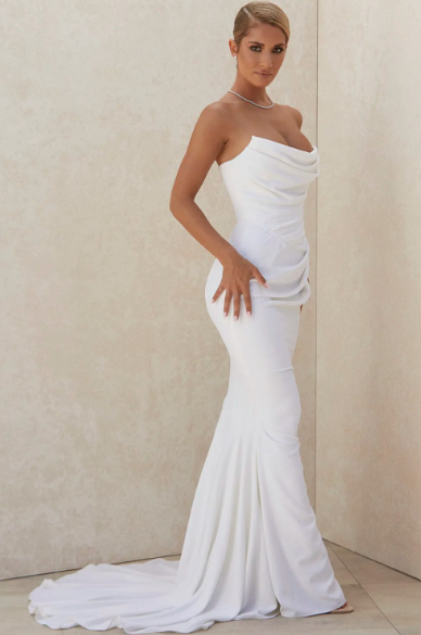 Lace-up back long satin mermaid stretchy sleeveless ivory wedding dress bridal gown back view