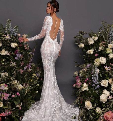 Elegant Wedding Dresses V-Neck Long Sleeve Lace Backless Wedding Gowns Beach Formal Bridal Prom Dress bestidos de novia