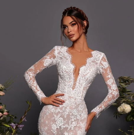 Elegant Wedding Dresses V-Neck Long Sleeve Lace Backless Wedding Gowns Beach Formal Bridal Prom Dress bestidos de novia