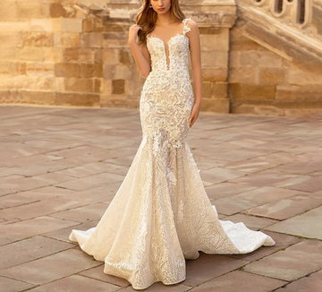 Mermaid Wedding Dress For Women Spaghetti Straps Modern 3D Flowers Beading Appliques Chapel Train Wedding Gown