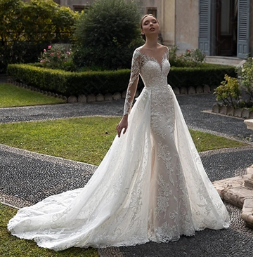 Mermaid Wedding Dress For Women Detachable Train Long Sleeve Lace Appliques 2  In 1 Wedding Gown Vestidos De Novia