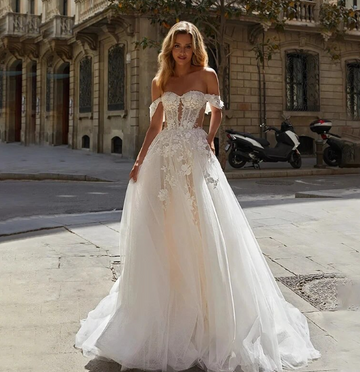 Bohemia Appliques Wedding Dresses Off-Shoulder Long Robe Mariage Princesse Femme A Line Tulle Vestidos Elegantes Para Mujer