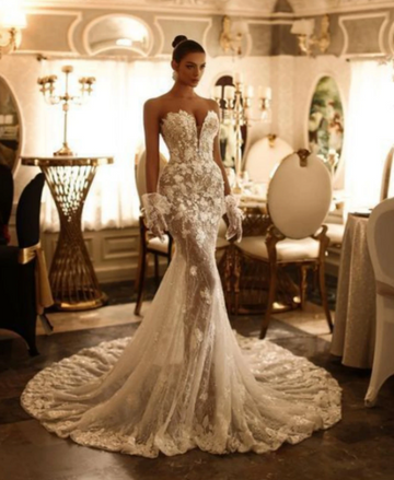 Sexy Illusion Mermaid Wedding Dress Strapless Embroidered Lace See Through Women Bride Dresses Zipper Sheer Back Bridal Gown