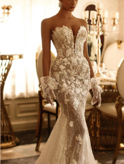 Sexy Illusion Mermaid Wedding Dress Strapless Embroidered Lace See Through Women Bride Dresses Zipper Sheer Back Bridal Gown