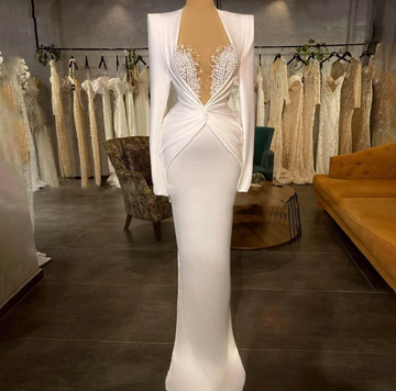 Luxury White Pearls Satin Mermaid Wedding Dress Sweetheart Long Sleeves Bridal Gown Robe Custom Made Vestidos De Novia