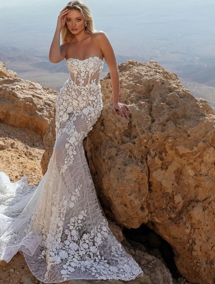 Beading crystal 3D flowers lace mermaid boho sleeveless backless wedding dress back view